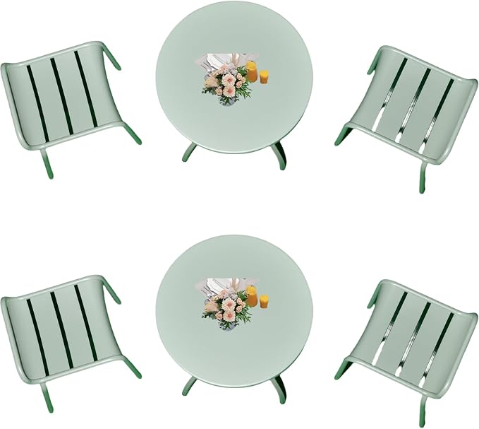LOKKHAN 6-Piece Outdoor Patio Dining Set, Mint Green, 2 Round Tables and 4 Stackable Slatted Chairs, Minimalist Modern Poolside Garden Lounge Furniture, Sturdy Metal Frame, Balcony - Friendly