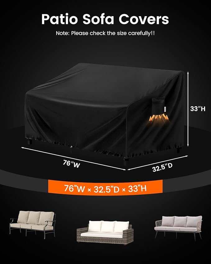 FORSPARK Patio Sofa Cover – Waterproof UV-Resistant Outdoor Couch Protector 76W x 32.5D x 33H inches for 3-Seat Loveseats, Tear-Resistant Oxford Fabric with Wind Straps & Storage Bag