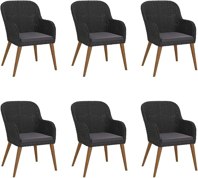 7 Piece Patio Dining Set, Outdoor Garden Table and 6 Chairs with Cushions, Modern Wicker Sectional Dining Furniture for Backyard, Porch and Deck, Black