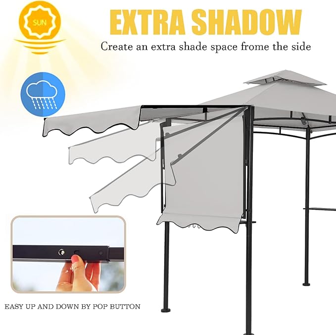 FAB BASED 5x8 Grill Gazebo with Extra Awning, All-Weather Steel Construction, Double Tiered & Resistant Canopy Roof, Metal Serving Shelves, 2 LED, Bottle Opener for Patio, Backyard, BBQ (Light Gray)