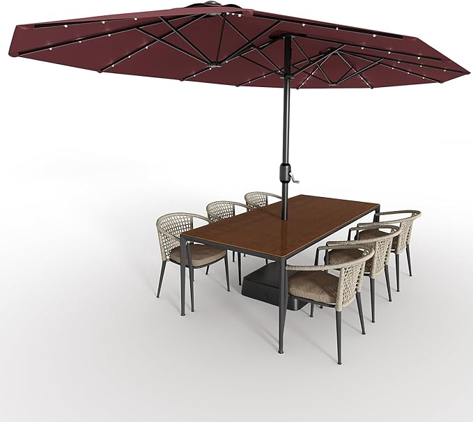 15FT Rectangular Patio Umbrella With Solar Lights & Base Included - Large Patio Umbrella With Crank Handle, UV Protection for Outdoor Market, Lawn, Backyard, Pool