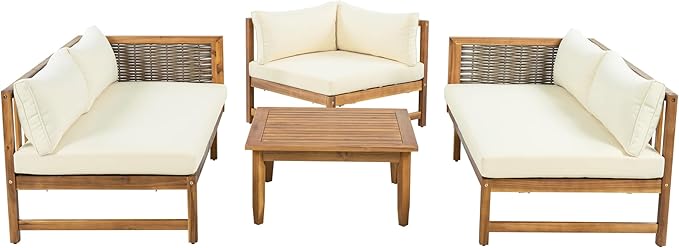 Christopher Knight Home Tenntt 5-Seater Acacia Wood Patio Furniture Set, Outdoor Conversation Sofa Chat Set with Coffee Table, Wicker Arm, Sectional Seating Group for Backyard Balcony, Teak+Beige