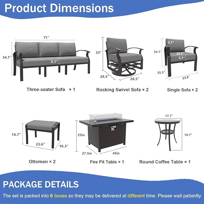 Kullavik Aluminum Patio Furniture Set with Propane Fire Pit Table,9-seat Metal Outdoor Furniture w/Swivel Chairs,Patio Sectional Sofas w/2 Ottomans for Porch,Backyard,Poolside-Grey