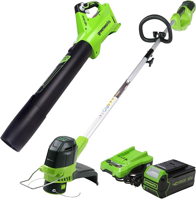 Greenworks 40V (120 MPH / 450 CFM) Cordless Axial Blower, 4Ah USB Battery (USB Hub) and Charger Included BL40B411 with 40V String Trimmer