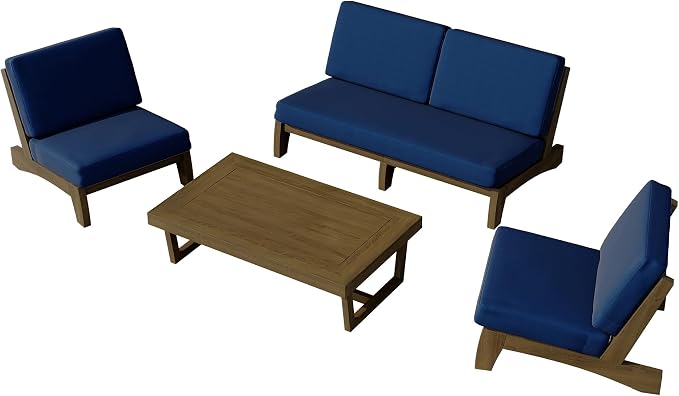 4 Piece Wood Outdoor Patio Frutnire Set, 5 Seater Patio Conversation Sets with Thick Cushions, Outdoor Sectional Furniture with Coffee Table - Navy Blue