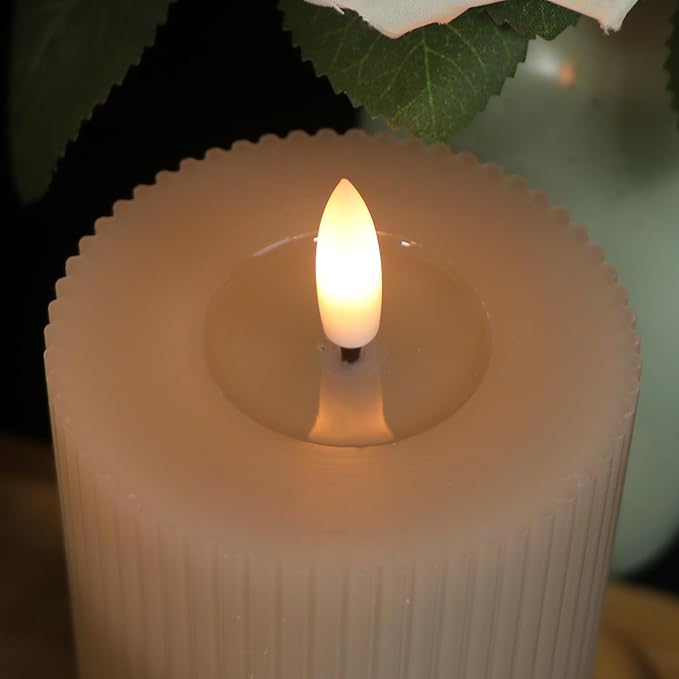 Real Wax Flameless Candles with 6hrs Timer, Battery Led Pillar Candles Flickering 3D Wick Pack of 3 Striped Candles, Party Dinner Home Decor House Warming, Light Gray Φ 3" H 5" 6" 7"
