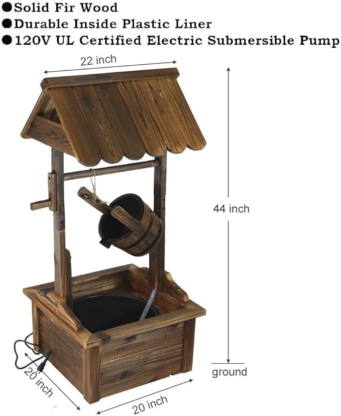 Wishing Well Water Fountains for Outside Patio Yard Decorative Wood Patio Outdoor Fountain with Adjustable Flow Submersible Electric Pump