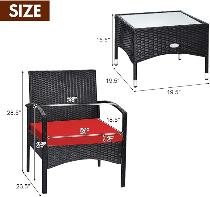 Tangkula 3 Pieces Patio Wicker Rattan Furniture Set, Rattan Chair with Coffee Table, High Load Bearing Chair Conversation Sets for Patio Garden Lawn Backyard Pool