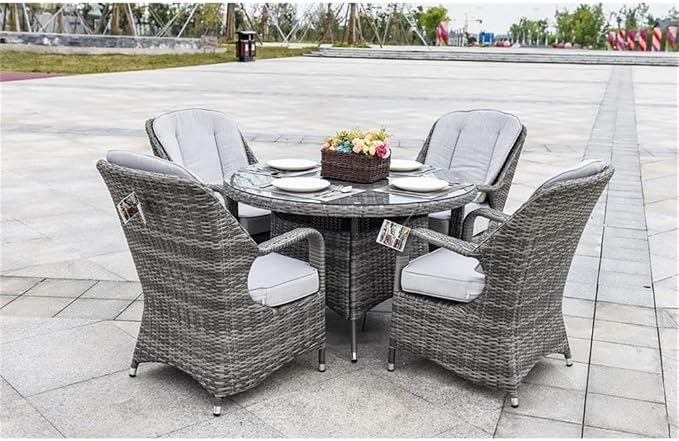 Pemberly Row 5-Piece Round Aluminum Rattan Outdoor Dining Set, Gray, Tempered Glass Table, All-Weather Wicker, Soft Cushioned Chairs, Modern Patio Furniture for Backyard or Garden