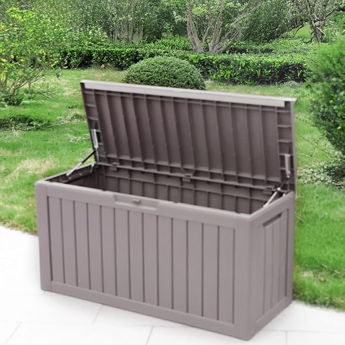 BTEXPERT 80 Gallon Outdoor Storage Container Deck Box with Metal Support Rods for Patio Furniture Garden Tools Cushions Waterproof Lockable UV Resistant Resin