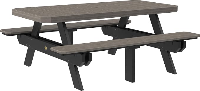 LuxCraft 6 Foot Poly Rectangular Picnic Table - Outdoor Furniture, Dining Height Table with Umbrella Hole, Seats 6 Adults, All Weather - Amish Made in USA (Coastal Gray & Black)