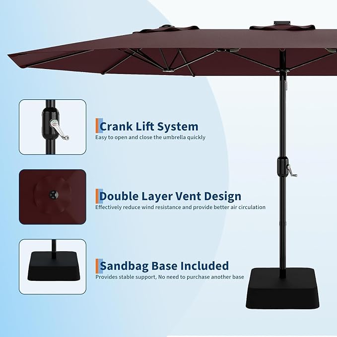 Garvee 15FT Rectangular Outdoor Umbrella Patio Umbrella with Base Included Large Market Umbrellas with Crank Handle UV Protection Table Umbrellas for Outdoor, Backyard, Deck, Poolside, Burgundy