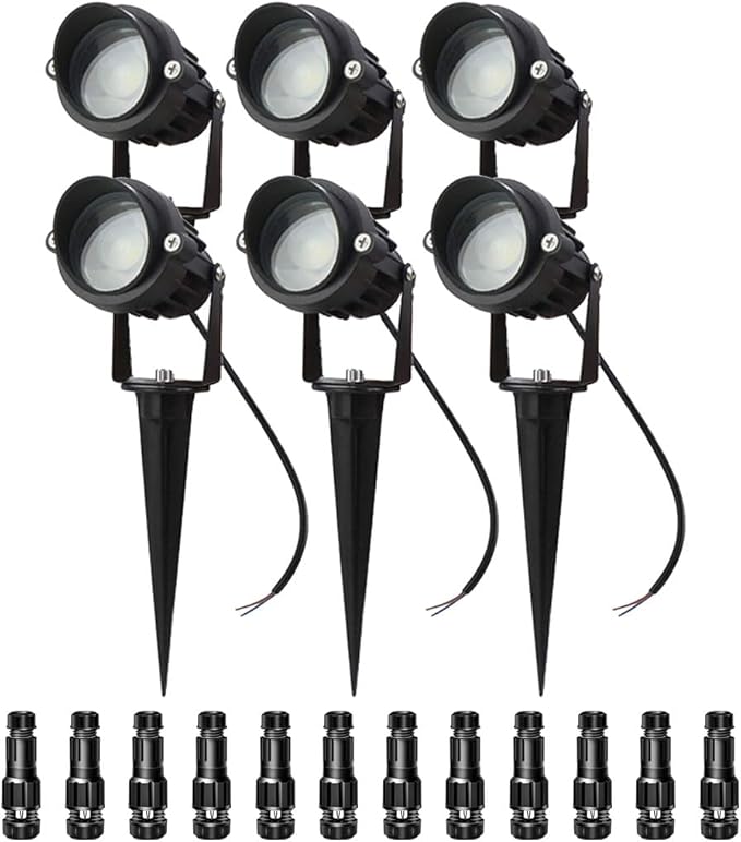 Low Voltage Landscape Lights Outdoor LED Landscape Lighting with Connectors 5W 500LM Focusing Lens Spotlights,24V AC/DC 3000K Warm White Waterproof IP65 Pathway Garden Yard Lights 6PACK