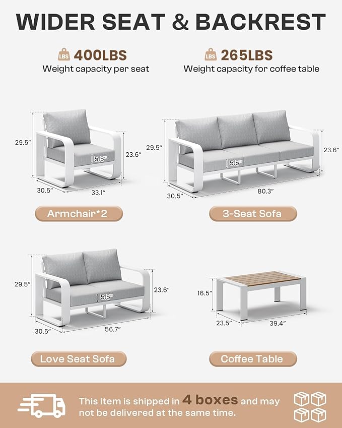 Aluminum Outdoor Patio Couch, 3 Seats Oversized Patio Sofa with Widened Armrest & Ultra-Thick Cushions, Deep Seating Modern Patio Furniture for Backyard, Deck, White