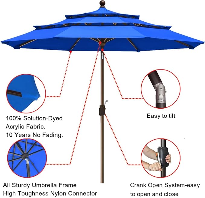 EliteShade USA 10-Year-Non-Fading 9ft 3-Tier Market Patio Umbrella, Commercial Grade Outdoor Table Umbrella with Crank Open, Windproof & UPF 50+ UV Protection, Heavy Duty Ventilation for Garden, Deck, Pool, Backyard, Beach & Bistro, Royal Blue