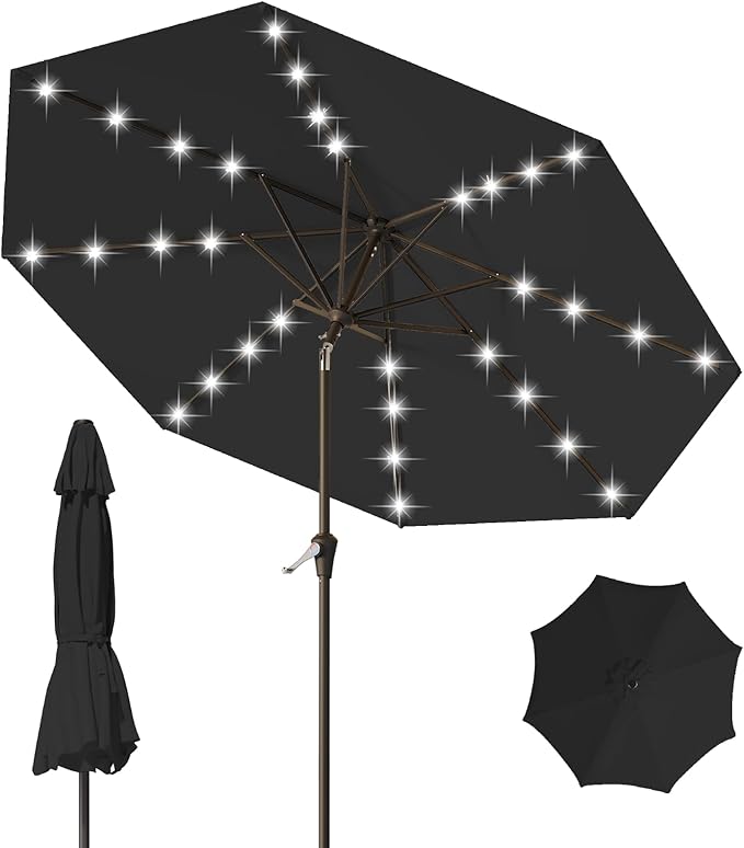 9FT Patio Umbrella with Solar Lights,Outdoor Market Umbrella with Tilt and Crank, LED Lighted Table Umbrella for Garden,Deck,Backyard,Pool,Beach (Black)