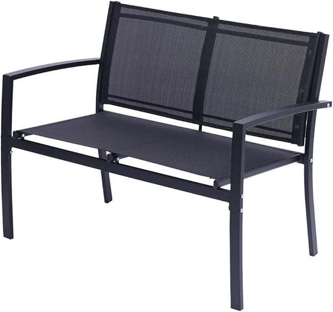 Henf 4 Pieces Patio Conversation Set, Outdoor Patio Furniture Set with Tempered Glass Coffee Table & Textilene Fabric/Iron Sofa for Porch Garden Poolside, Black