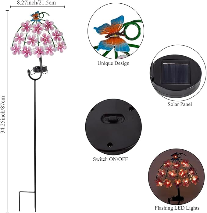 Solar Garden Lights,Flowers＆Butterfly Decorative Garden Stakes,Waterproof Metal Spring Yard Art Decor,Solar Lights Outdoor for Outside,Lawn,Garden,Patio