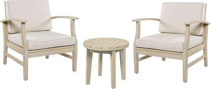 Christopher Knight Home Perla Set of 2 Acacia Wood Club Chair and Coffee Table, 3 Piece Patio Bistro Set, Solid Wood Outdoor Patio Furniture Set with Center Table, Light White+Sand