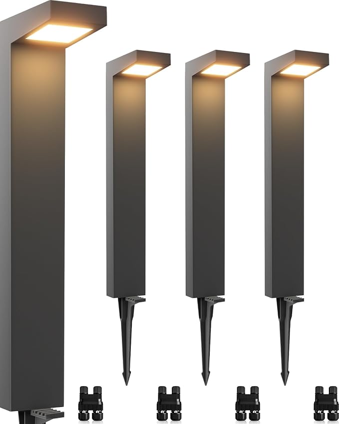 SUNVIE Low Voltage Pathway Lights Wired 3000K 5W LED Outdoor Landscape Lighting with Connectors Cast-Aluminum Waterproof Landscape Path Lights Low Voltage for Garden Walkway, 12-24V, AC/DC, 4 Pack
