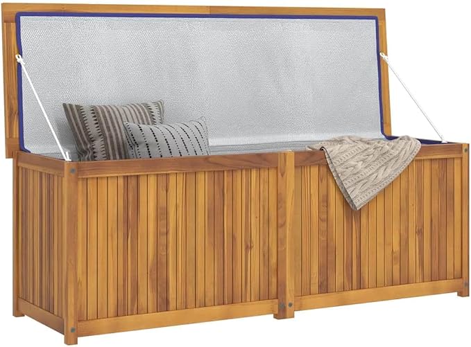 Solid Teak Wood Garden Storage Box, Large Rectangular Outdoor Deck Bin for Patio, Backyard, Garage, 59.1 x 19.7 x 21.7 Inch