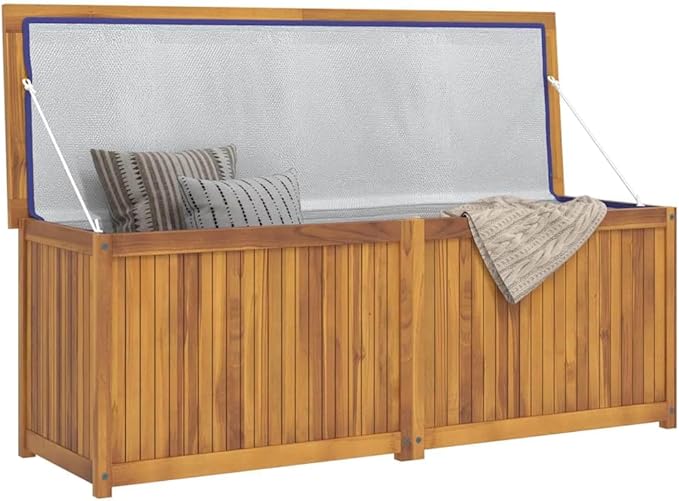 Large Outdoor Garden Storage Box, Solid Teak Wood Deck Bin for Patio, Backyard, and Garage Organizer, Rectangular Wooden Bin 59.1 x 19.7 x 21.7 Inches