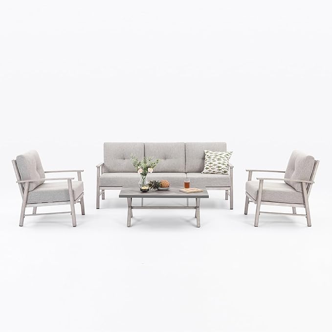 Aluminum Patio Sofa Set, 4 Piece Outdoor Patio Furniture Set with Thick Cushions, All Weather Outdoor Sectional Sofa Couch Sets for Deck, Lawn, Poolside, Backyard, White Oak