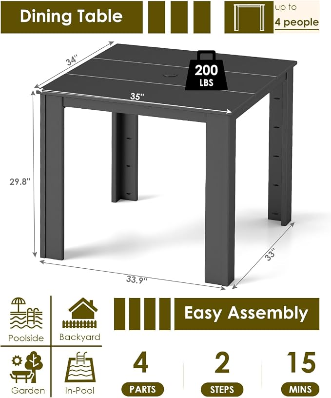 GREENVINES Outdoor-Dining-Table | 35” | HDPE | Patio Furniture | Square Tables for 4 | All-Weather | for Poolside Backyard Garden | Black