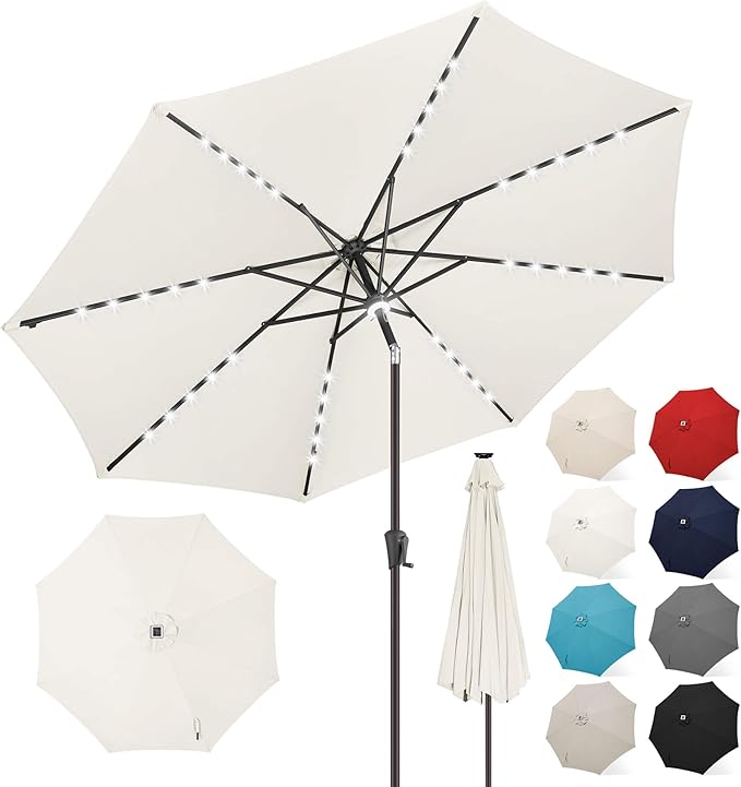 FLAME&SHADE 11 FT Solar Light Patio Umbrella, 40 LED lights outdoor umbrella with Centre Surround Light, Table Market Umbrella for Deck, Pool, Porch, Backyard, Garden, UV Protection, Ivory