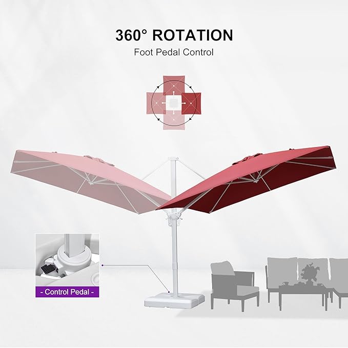 PURPLE LEAF 9 FT Patio Umbrella With Base White Cantilever Umbrella Square Outdoor Offset Umbrella Windproof with 360° Rotation for Garden Deck Pool, Ruby Red