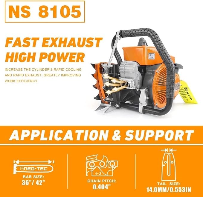 NEO-TEC NS8105 36 inch Gas ChainSaw with Guide Bar Chain 2-Cycle Power Head 105cc Power Chain Saw 4.8KW 6.5HP Gasoline Chainsaws All Parts Compatible with G070 070 090