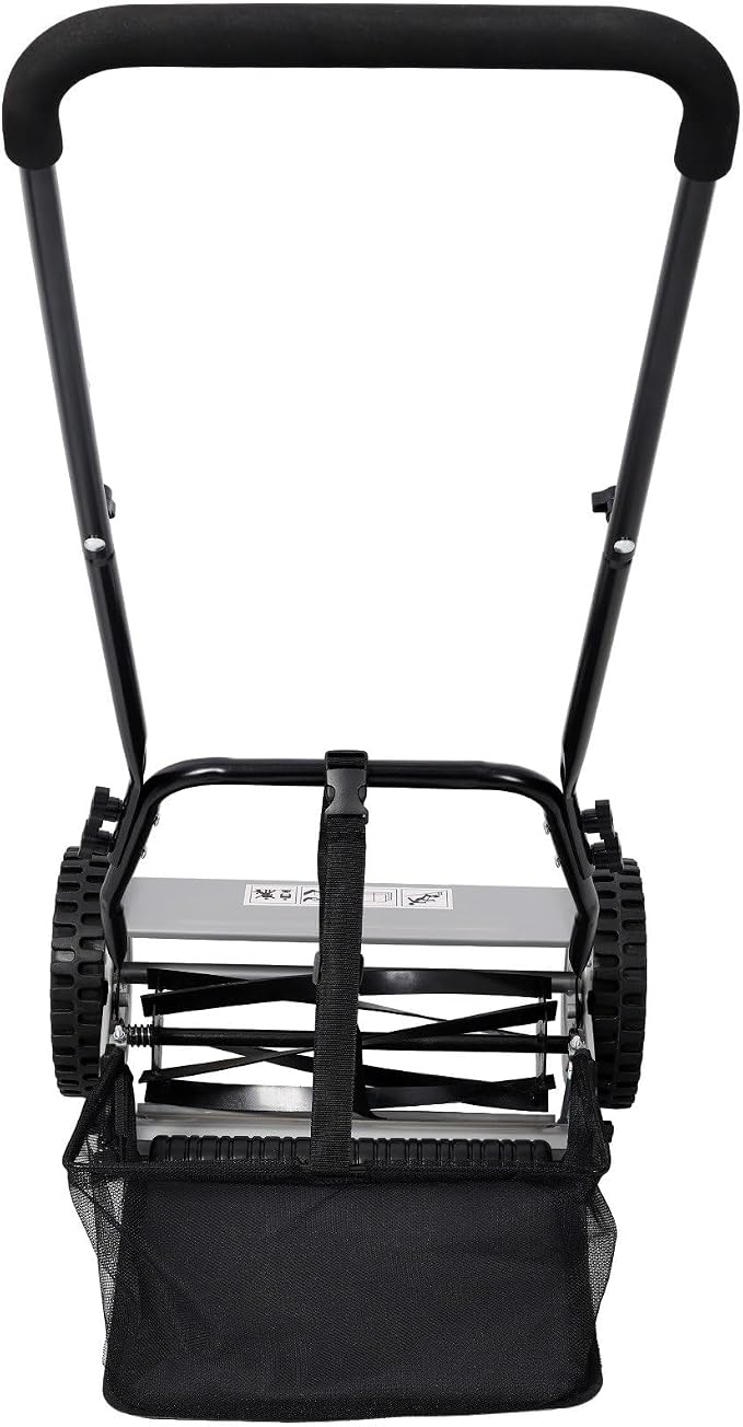 14-Inch 5-Blade Push Reel Lawn Mower with Grass Catcher, Adjustable Height 0.6-1.8 Inch, Manual Hand Push Mower with Heat-Treated Alloy Steel Blades, Gas-Free Grass Cutter, Gray