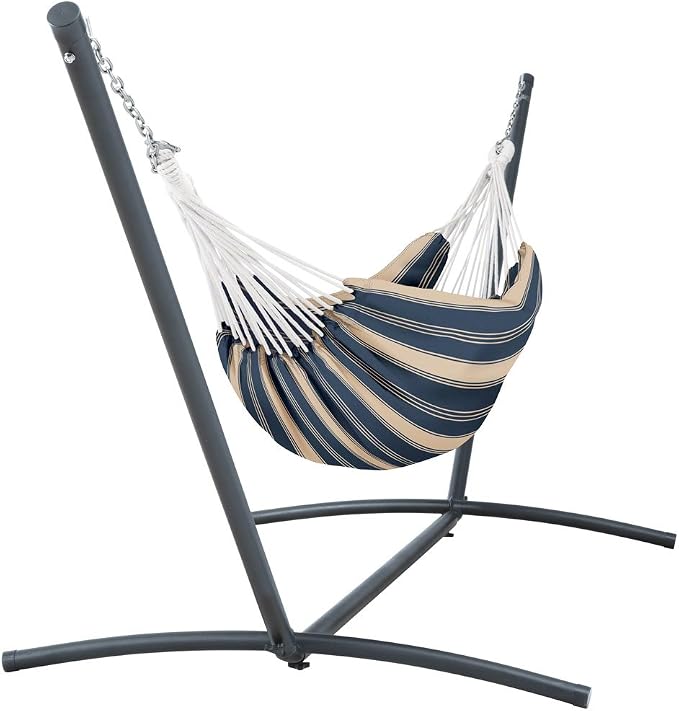 Classic Accessories Montlake Fadesafe Brazilian Hammock with Steel Stand, Heather Indigo Blue Stripe
