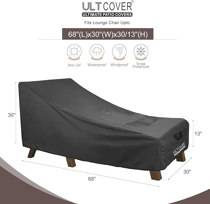 ULTCOVER Waterproof Patio Lounge Chair Cover Heavy Duty Outdoor Chaise Lounge Covers 2 Pack - 68L x 30W x 30H inch, Black