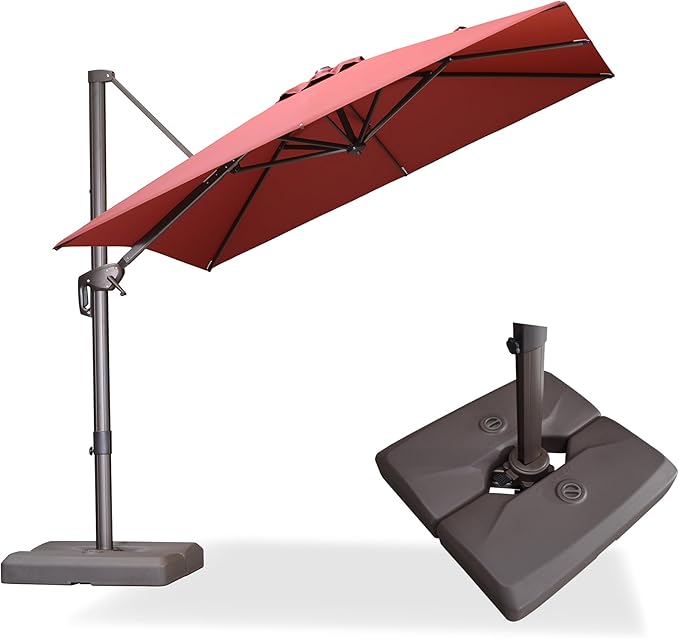 PURPLE LEAF 8' X 8' Cantilever Patio Umbrella with Base Included Antique Bronze Square Umbrella with 360° Rotation and Aluminum Offset Hanging Outdoor Umbrella for Pool Garden Backyard Deck, Brick Red