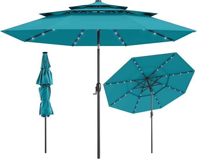 Tangkula 10 FT Solar LED Patio Umbrella, 3-Tier Vented Outdoor Market Table Umbrella with 32 LED Lights, Tilt Adjustment, Crank Handle, 8 Ribs for Backyard Pool Deck (Turquoise)