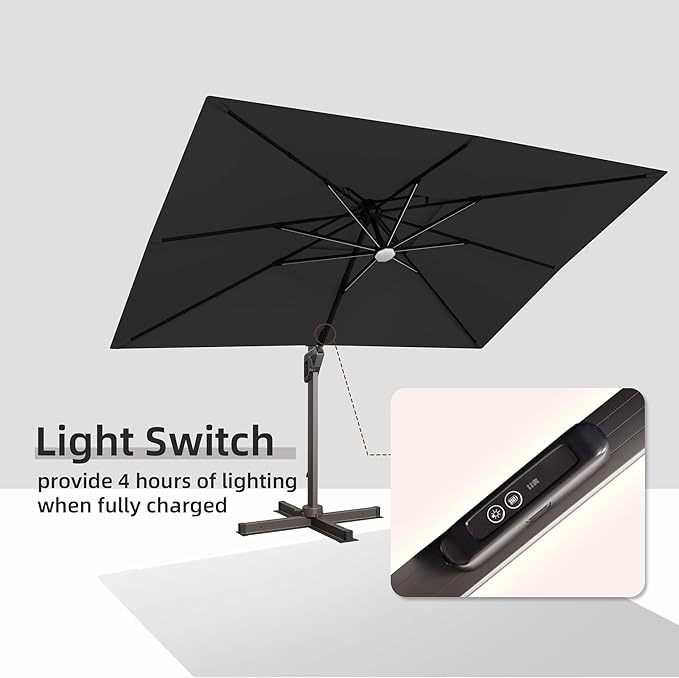 9 X 12 FT Cantilever Outdoor Patio Umbrella with LED Lights Large Heavy Duty 360° Rotation Double Top Offset Rectangular Umbrellas for Backyard Garden Pool Outside Deck, Black