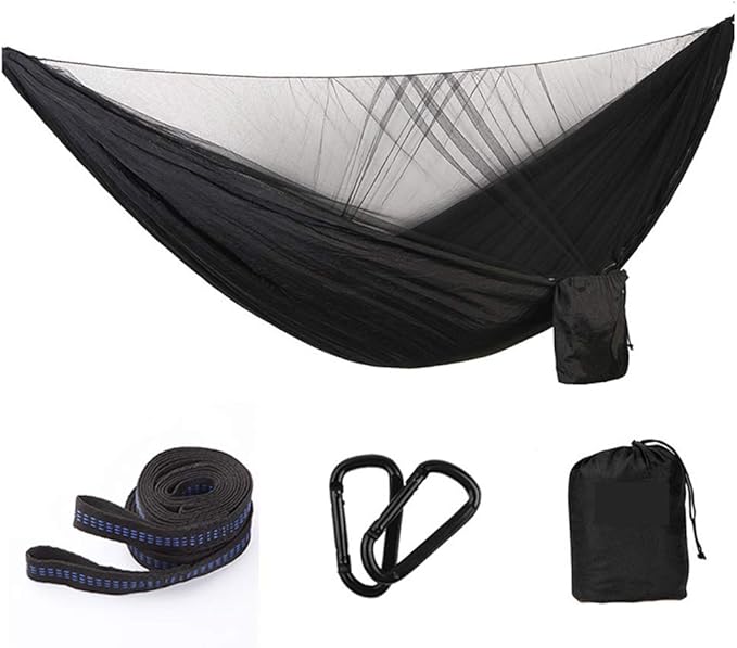 Camping Hammock, Hammock Automatic Speed Open Outdoor Leisure with Mosquito Net Single Double Ultra Light Quick-Drying Parachute Cloth Camping Swing(Black)