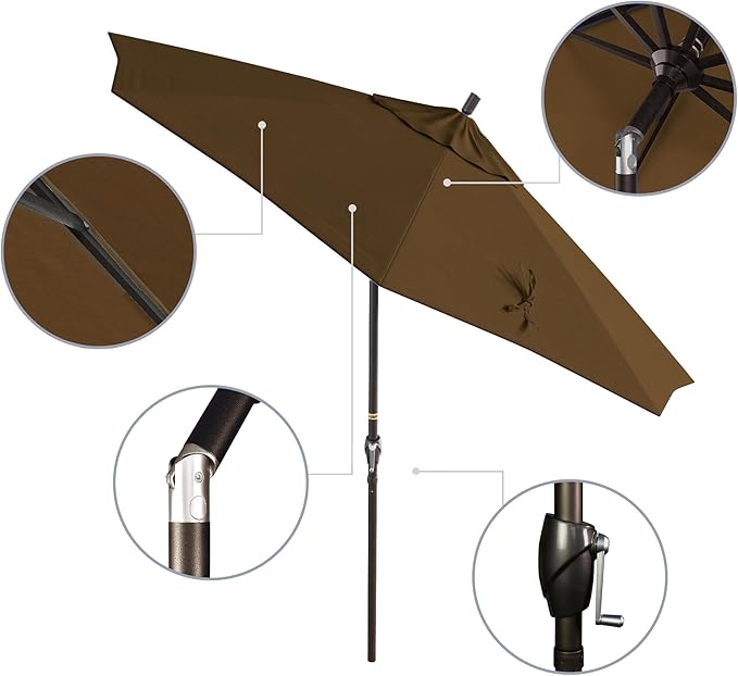California Umbrella 9' Round Aluminum Market Umbrella, Crank Lift, Push Button Tilt, Bronze Pole
