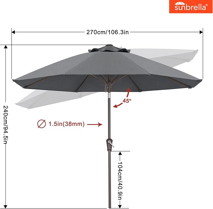 ABCCANOPY 10-Year No Fading 9FT Patio Umbrella, Acrylic Outdoor Table Umbrella with 8 Sturdy Ribs for Deck, Backyard, Garden, Yard (Gray)
