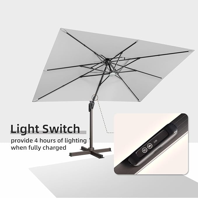 9 X 12 FT Cantilever Outdoor Patio Umbrella with LED Lights Large Heavy Duty 360° Rotation Double Top Offset Rectangular Umbrellas for Backyard Garden Pool Outside Deck, Fog Grey