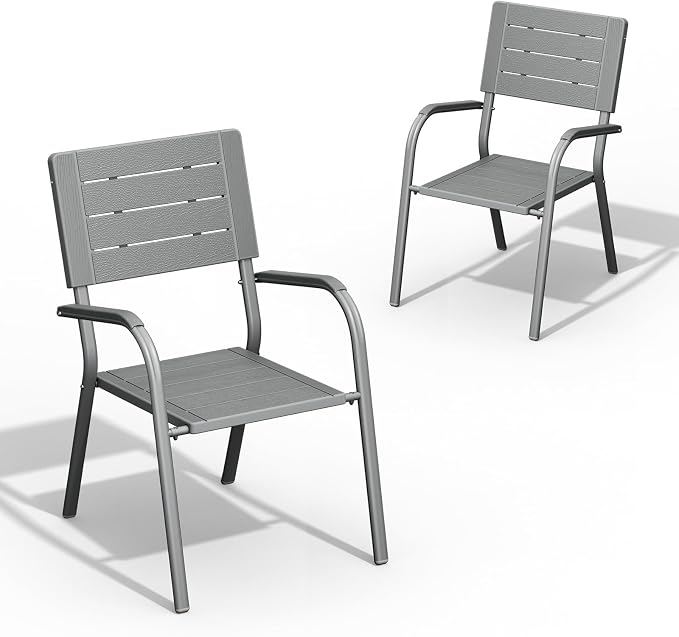 VINGLI Outdoor Patio Dining Chairs, Stackable HDPE All-Weather Arm Chairs, Weatherproof Outdoor Seating for Garden, Backyard, Poolside, Balcony,Grey (2 Pack)