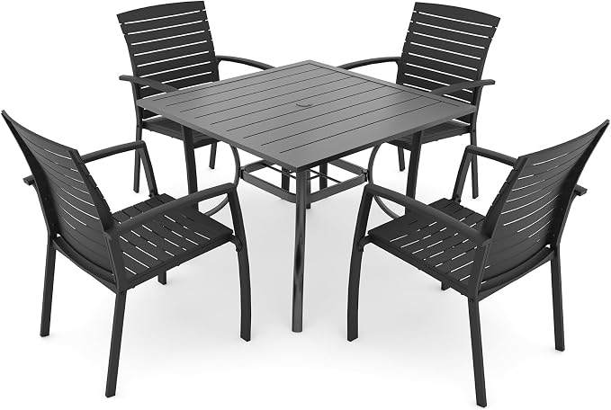 Anmutig Outdoor Dining Set for 4, 35" Square Table & Aluminum Frame Chairs | Stackable Chairs, Resin Slat Seating, Powder-Coated Steel Table, Umbrella Hole, Easy Assembly, Patio, Garden, Backyard