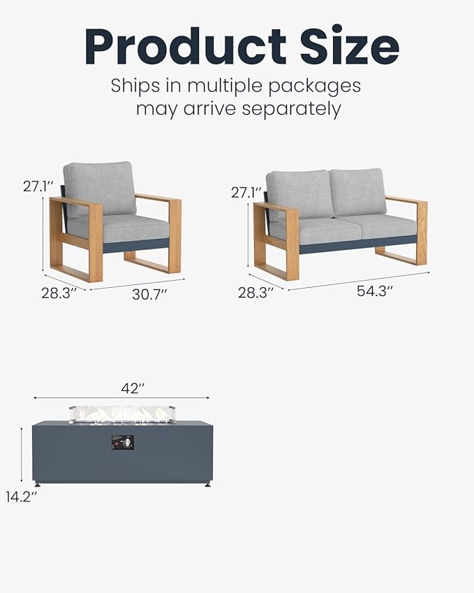 Oversized Aluminum Outdoor Patio Furniture Set, 4-Piece Modern Sectional Conversation Sets with Fire Pit Table, Wide Seat and Thick Cushions