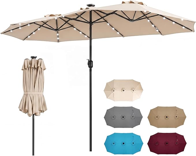 Tangkula 13 Ft Solar Patio Umbrella, Double-Sided Extra Large Outdoor Market Table Umbrella with 36 LED Lights, Crank Handle, 12 Sturdy Ribs for Poolside, Garden & Backyard (Beige)