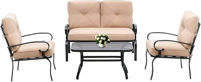 Outdoor Furniture Patio Conversation Set Loveseat, 2 Chairs, Coffee Table with Cushion, Lawn Front Porch Garden, Metal Chair Set Wrought Iron Look(Brown)