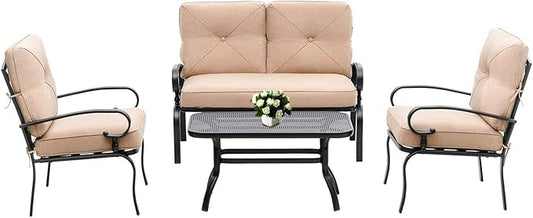 Outdoor Furniture Patio Conversation Set Loveseat, 2 Chairs, Coffee Table with Cushion, Lawn Front Porch Garden, Metal Chair Set Wrought Iron Look(Brown)