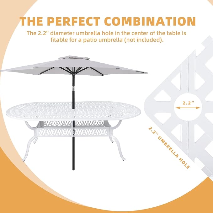 9-Piece Patio Dining Set, Outdoor Patio Table and Chair Set of 84” Oval Cast Aluminum Dining Table with Umbrella Hole and 8 Outdoor Dining Chairs, Patio Funiture Set, White