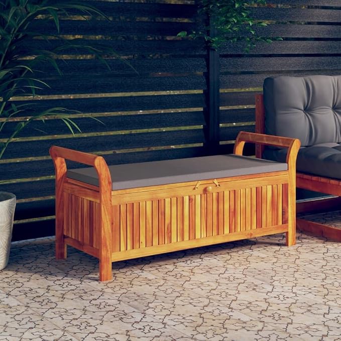 Wooden Outdoor Patio Storage Bench Large Deck Box with Brown Cushion 49.6"x19.7"x23.6" Solid Wood Acacia Storage Box Deck Box with Seat for Garden, Balcony, Porch, Pool,Yard