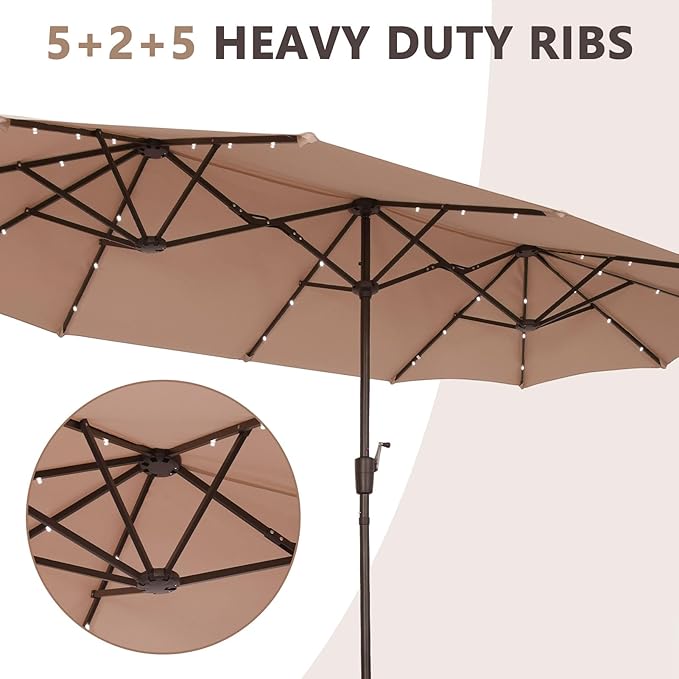 13Ft Large Patio Umbrella with Solar Lights Outdoor Double-Sided Market Table Umbrella Easy Crank for Yard, Poolside, Deck-Khaki